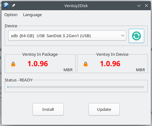 Bildschirmfoto: Die Einrichtung des Ventoy-Sticks kann auch via GUI vorgenommen werden.